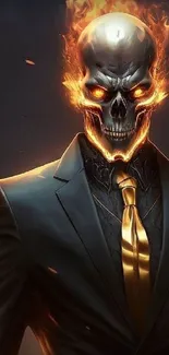 Fiery skull in a suit mobile wallpaper with intense flames and dark aesthetic.