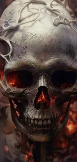 Dark fiery skull mobile wallpaper with gothic details.