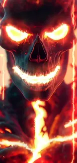 Fiery skull with glowing eyes in vibrant flames, perfect for mobile backgrounds.