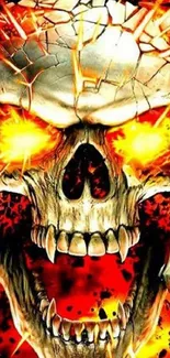 Fiery skull with glowing eyes and flames background.