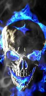 A skull engulfed in blue flames on a dark background, creating a bold, edgy look.