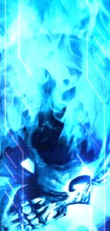 Fiery skull with blue flames and spiked jacket on a dark background.