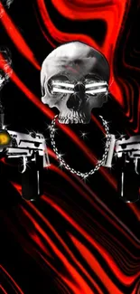 Fiery skull and guns on a red and black background.