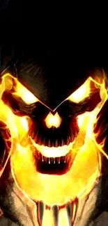 Fiery skull with vibrant flames on a mobile wallpaper background.