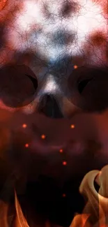 Fiery skull surrounded by flames on a dark background.