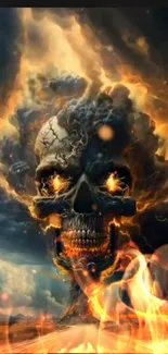 Intense fiery skull wallpaper with flames and dark background.