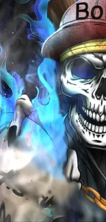 Skull with blue flames and hat mobile wallpaper.