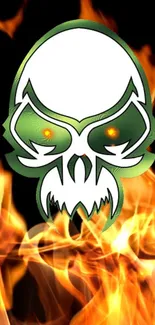 Skull with green outlines in fiery flames on black background.