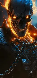 Fiery skull with glowing eyes, surrounded by chains on a dark backdrop.