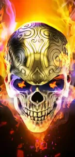 Fiery skull with golden design and bright flames mobile wallpaper.