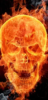 Fiery skull with orange flames radiates intensity on a dark background.