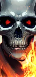 Fiery metallic skull with red eyes and flames wallpaper.