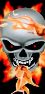 Fiery skull with orange flames on black background.