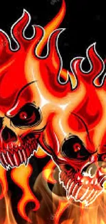 Fiery skulls with flames on a black background wallpaper.