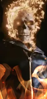 Fiery skull engulfed in bright flames against a dark background.