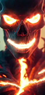 Fiery skull with glowing eyes and flames on mobile wallpaper.