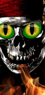 Fiery skull with green eyes and a vivid pirate theme on a dark background.