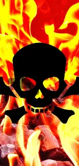 Fiery skull with glowing flames and embers background.