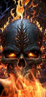 Fiery skull with intense flames on a dark background wallpaper.