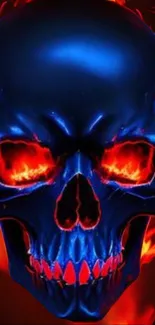 Blue skull with fiery red eyes and flames, mobile wallpaper.