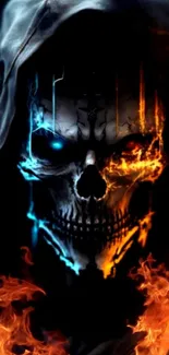 A fiery skull with orange and blue flames, hooded figure on a dark background.