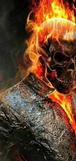 A fiery skull engulfed in flames on a dark wallpaper.