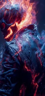 Fiery skull with flames mobile wallpaper with dark background.