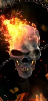 Fiery skull with chains and flames on a dark background.