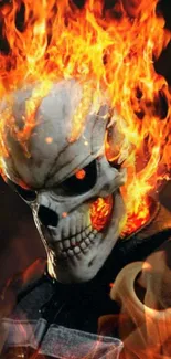 Fiery skull with bright orange flames on a dark background.