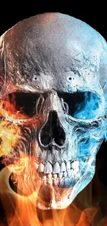 Fiery skull with blue and orange flames wallpaper.