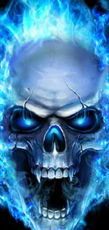 Blue skull with fiery flames on black background wallpaper.