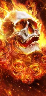 Fiery skull with roses and flames wallpaper for phone.