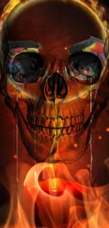 Dark red wallpaper with fiery skull and flames for mobile phones.