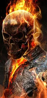 Flaming skull with vivid fire effect on a mobile wallpaper.