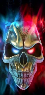 Fiery skull with blue and red flames, perfect for intense mobile wallpaper.