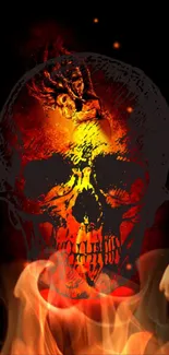 Mobile wallpaper with fiery skull and flames on a dark background.