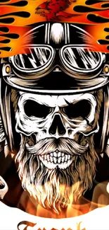 Fiery skull with helmet and goggles on a motorcycle-themed wallpaper.