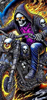 Fiery skeleton riding a motorcycle.