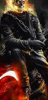 Biker with flaming skull in dark fiery artwork.