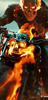 Fiery skull motorcycle with flames engulfing the bike, creating an intense scene.