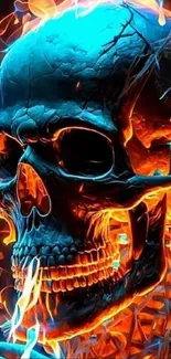 Neon fiery skull with blue highlights wallpaper.