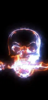 Glowing neon skull with fire effect on a black background.