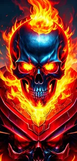 Fiery skull artwork with blazing flames on a dynamic phone wallpaper.