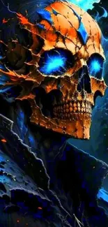 Artistic fiery skull with vibrant blue and orange hues.