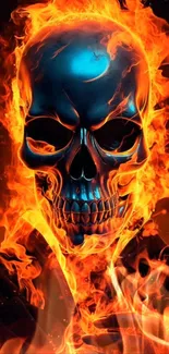 Fiery skull with vibrant blue and orange flames on a mobile wallpaper.