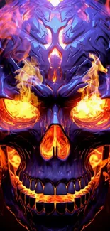 Fiery skull wallpaper with blue and orange flames.