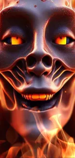 Fiery skull with glowing eyes engulfed in flames on phone wallpaper.