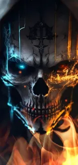 Fiery skull with flames mobile wallpaper featuring dark aesthetics.