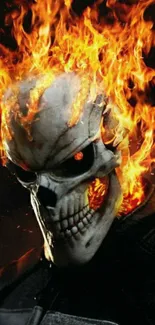 Fiery skull wallpaper with flames on a dark background.