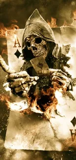 Skull emerging from a fiery ace of diamonds playing card in sepia tones.